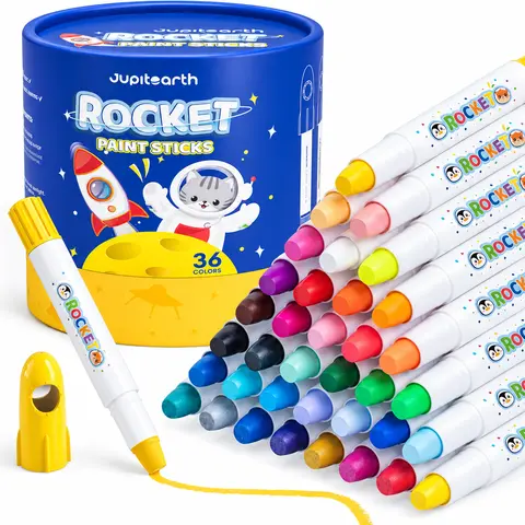 JUPITEARTH Rocket-Shaped Washable Silky Crayons for Kids, Non-Toxic Twist-Up Art Sticks, Easy-Grip Quick-Dry Drawing Set with Reusable Storage Bucket