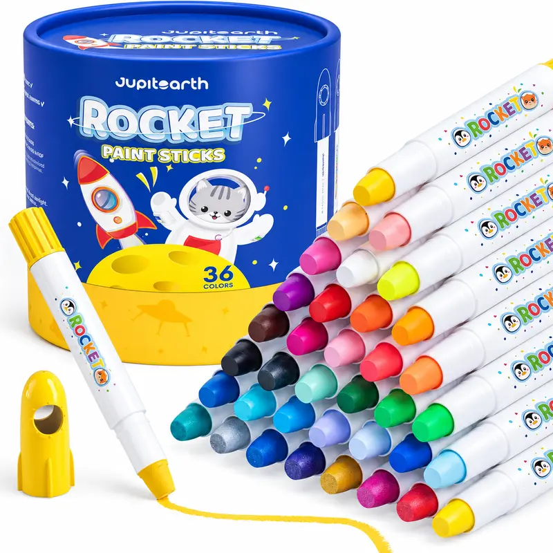 JUPITEARTH Rocket-Shaped Washable Silky Crayons for Kids, Non-Toxic Twist-Up Art Sticks, Easy-Grip Quick-Dry Drawing Set with Reusable Storage Bucket