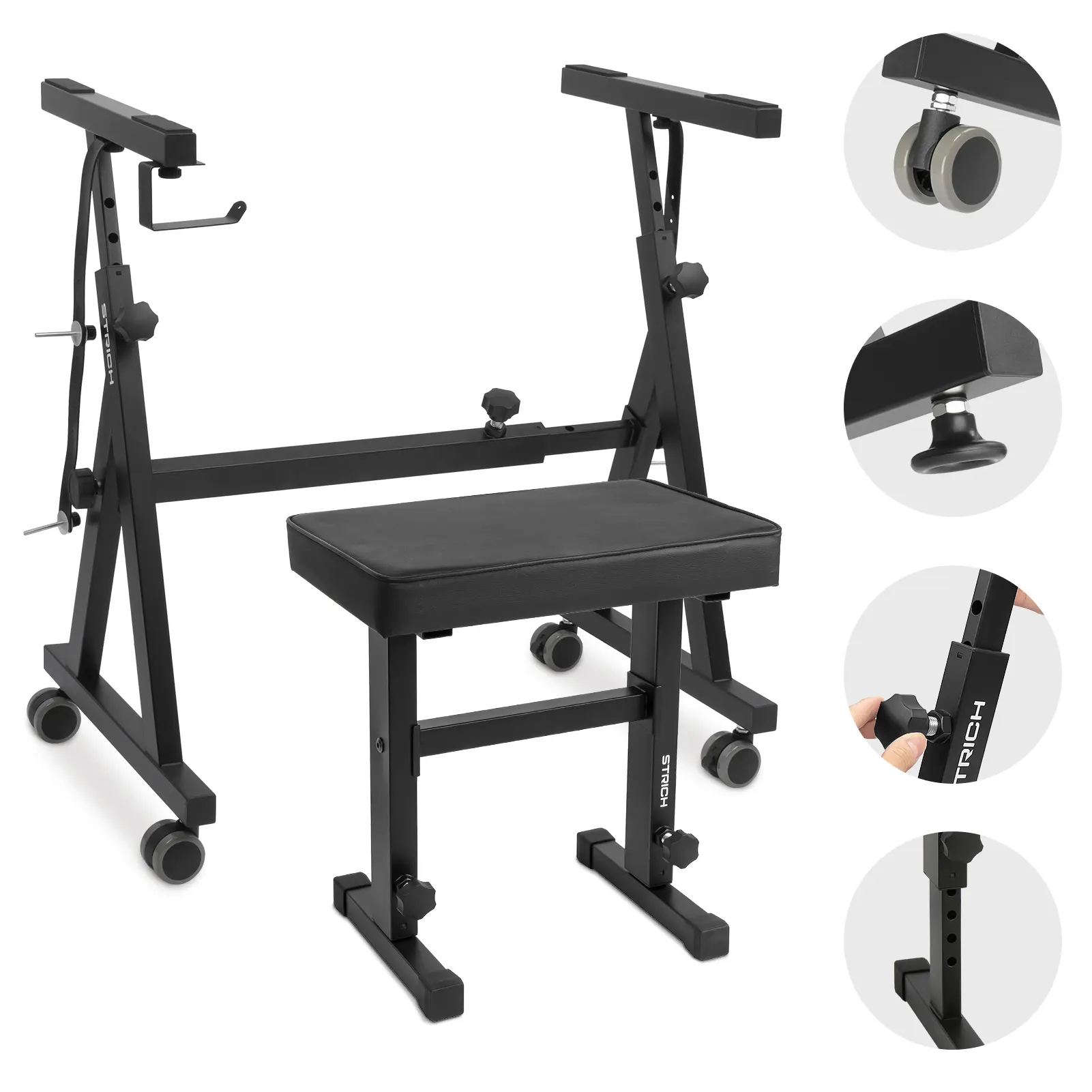 STRICH Portable Heavy Duty Keyboard Stand & Bench Set for 54-88 Key Electric Pianos - Adjustable Music Stand & Seat for Musicians Sturdy