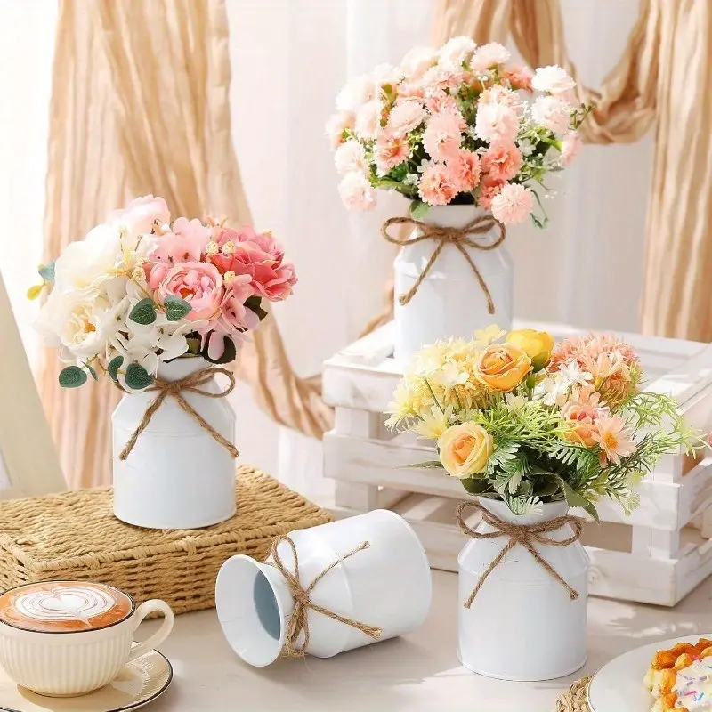 6 pieces of metal vase decoration, galvanized milk jug with rope bow vase, pastoral flower barrel, Decorative Vase, for flower stand ornaments, home, wedding, dining table centerpiece decoration Bowknot Design Vase