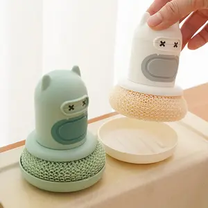 Cute Cartoon Press Button Scrub Brush with Automatic Soap Dispenser for Kitchen, Anti-Scale Scrubber, Non-Slip Design, Durable and Easy to Use