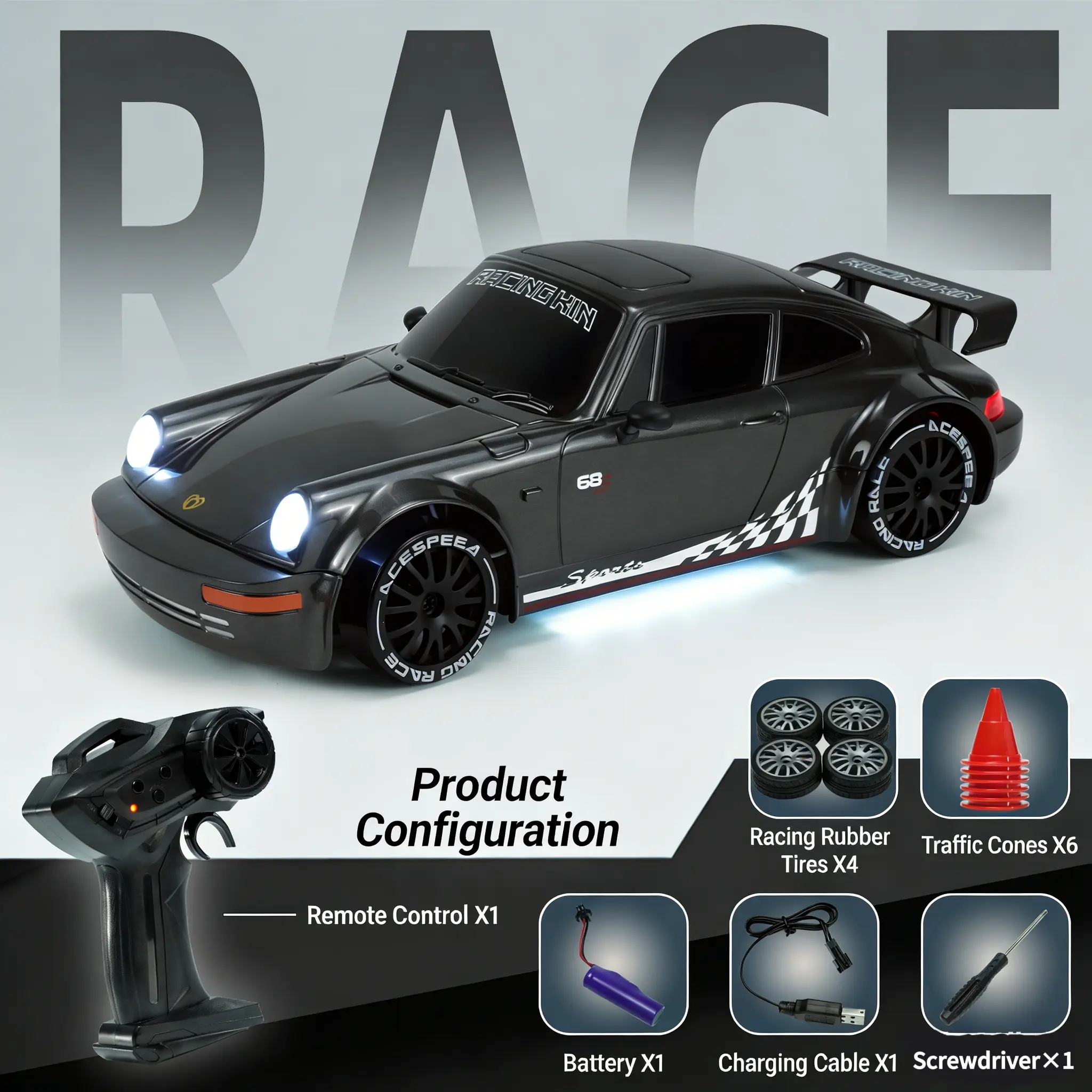 2026 RC Drift Car 2.4G Full Scale Stunt Car 4WD Electric RC Racing Hellcat Challenger Car With Lights,white elephant gifts for adults