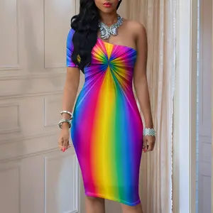 ZCC Women's 1-Shoulder Skinny Bodycon Midi Dress - Gradient Rainbow Print, 1-Sleeve Statement Design, Pull-On Polyester Blend Soft Fabric, Flattering Fit, Sleeveless Accent, Casual/Party Wear