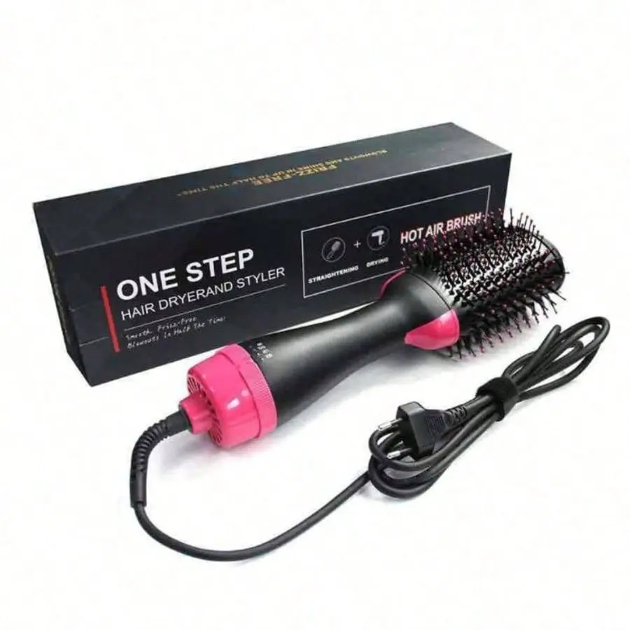1 Pc 4-In-1 Multifunctional Hot Air Comb Volumizer - Hair Dryer, Curler & Straightener for Puffy Hairstyling, Less Frizz, More Shine, Reduced Heat Damage - Salon-Style Blowouts (Black/Pink) Women's Holiday Gifts comfort Multi-Functional Air Hair Brush