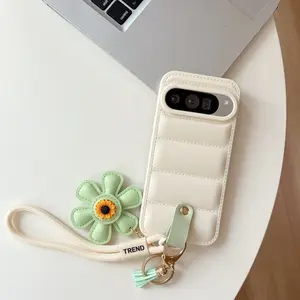 Sunflower Wrist Strap Soft Puffer Down Jacket Protective Case For Google Pixel 7 7A 8 9A 9 Pro Solid Color Shockproof Cover Accessories