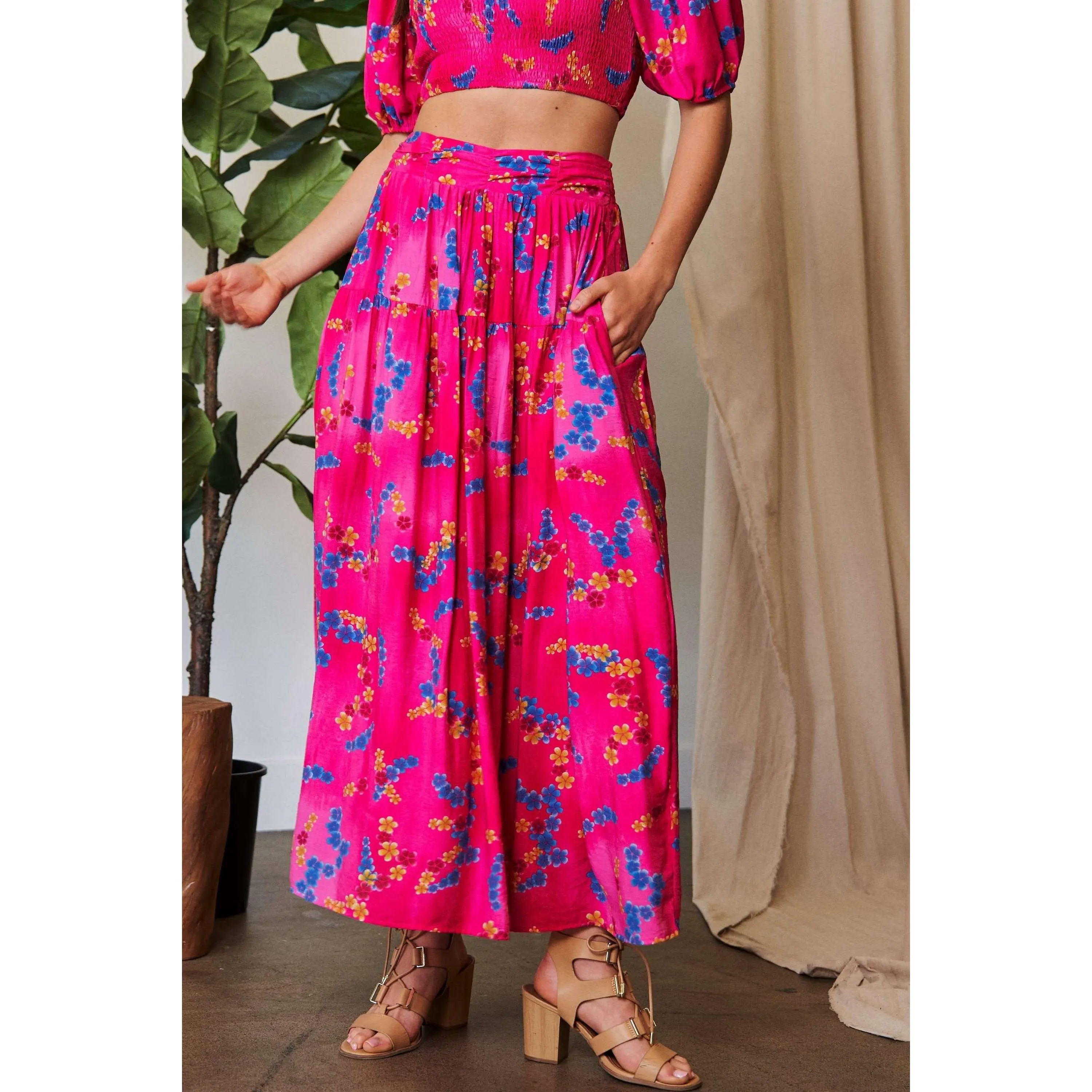Davi & Dani Printed Smocking Waistband Ruffled Maxi Skirt