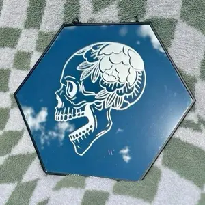 Etched Skull Hexagon Mirror – Gothic hanging Wall Art, Floral Skull Decor, Alternative Hanging Mirror, Spooky Home Accent