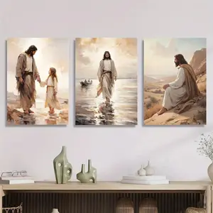 2D Flat, 2D Flat, 3pcs, Wooden Framed Canvas Artwork Featuring Christ And a Girl Drawing of Christ Walking on Water While Sitting on a Mountain, Religious Poster, Ideal for Home Wall Decoration, Great for Christmas, Perfect for Room Decor