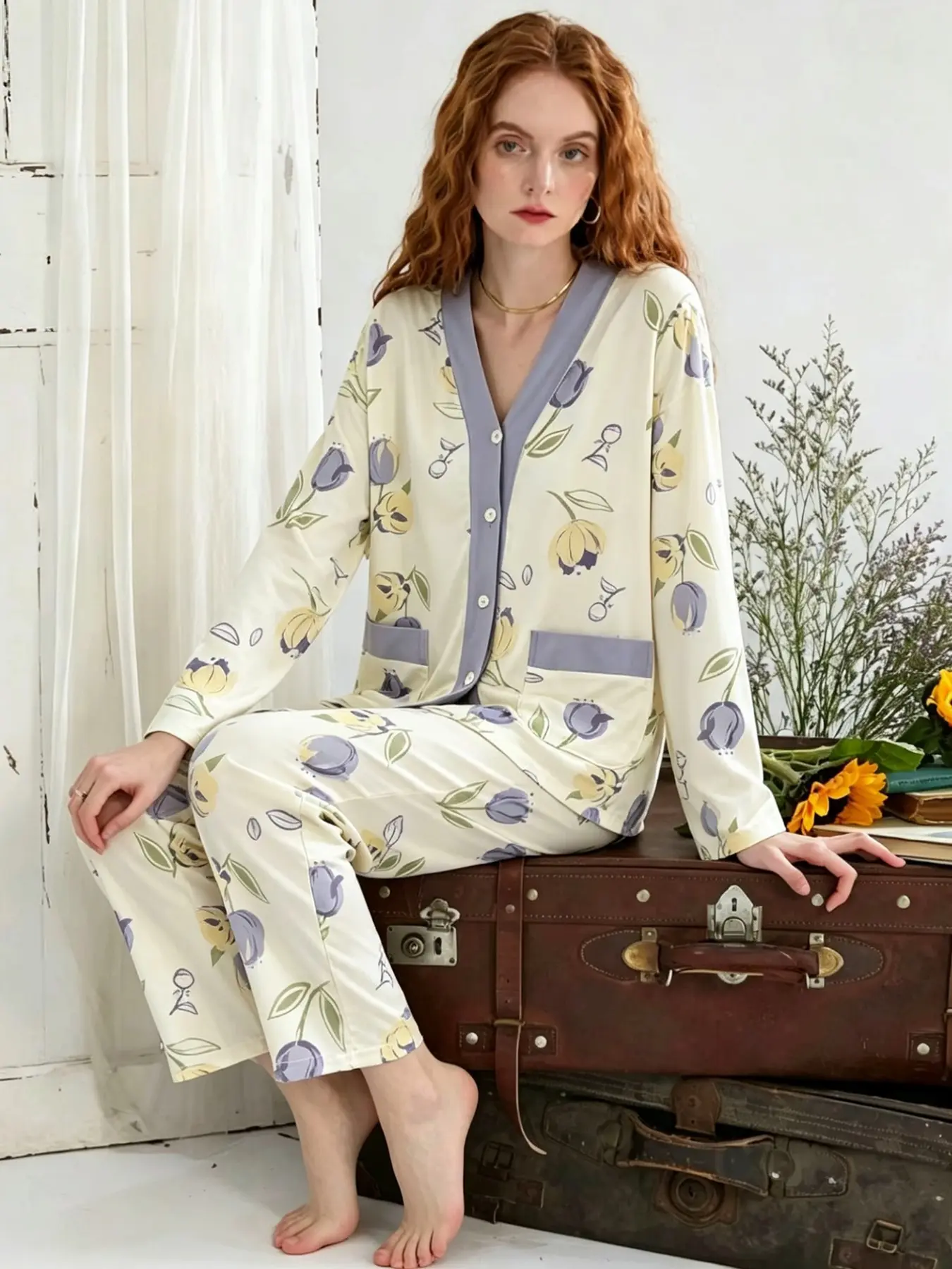 Women's Two-Piece Sleepwear Loungewear Set, Long Sleeve Fashion V-Neck Kimono Style Pajamas, Sweet Autumn Home for Spring and Fall