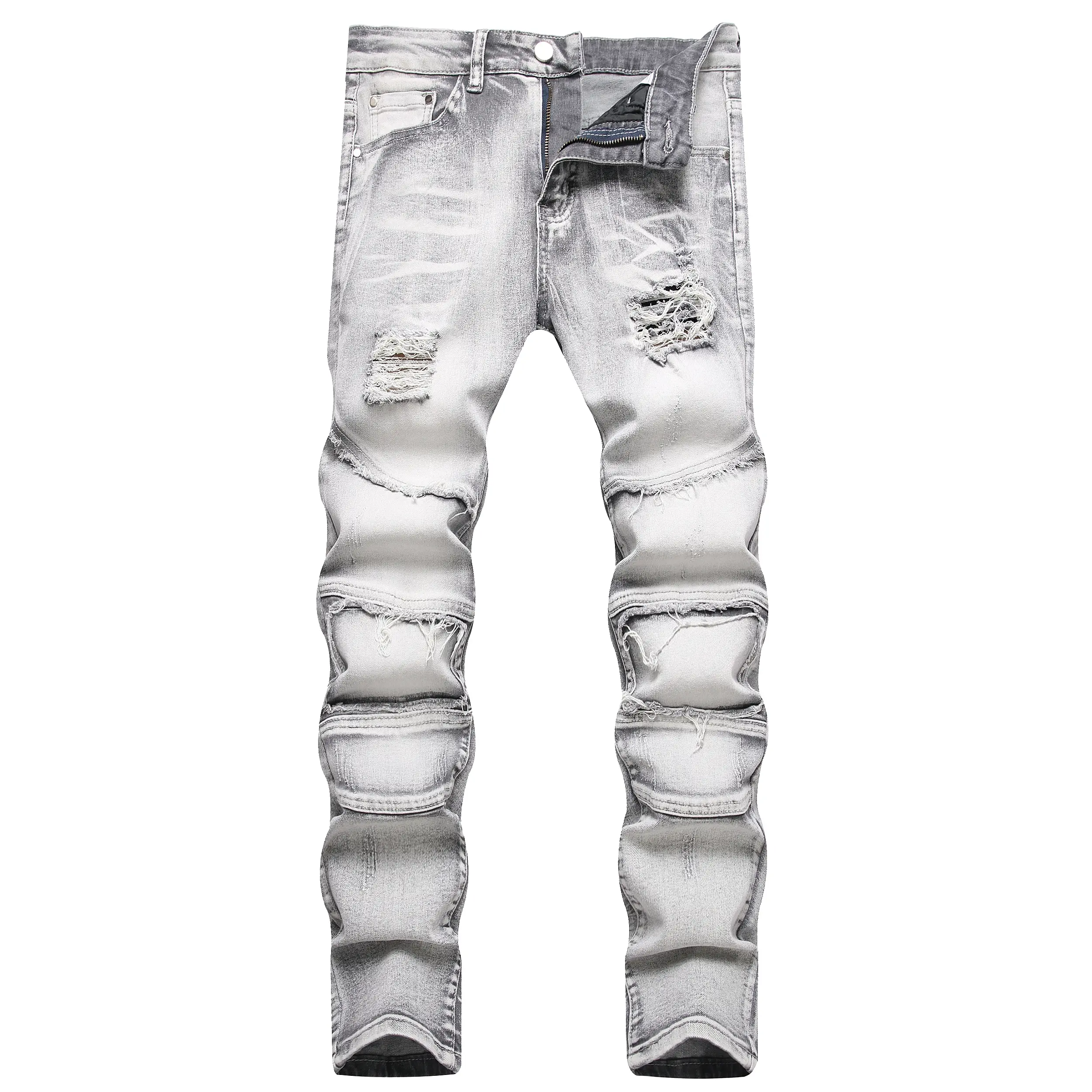 JUNBAOSS 2025 Fashion Mens Slim Fit Stretch Jeans Ripped Skinny Jeans for Men Distressed Straight Leg Casual Comfort Flex Waist Denim Pants Menswear Classic Street Style Cotton Fabric Jean Trouser Jeans with Pockets Streetwear Tops Beige Plain White Grey