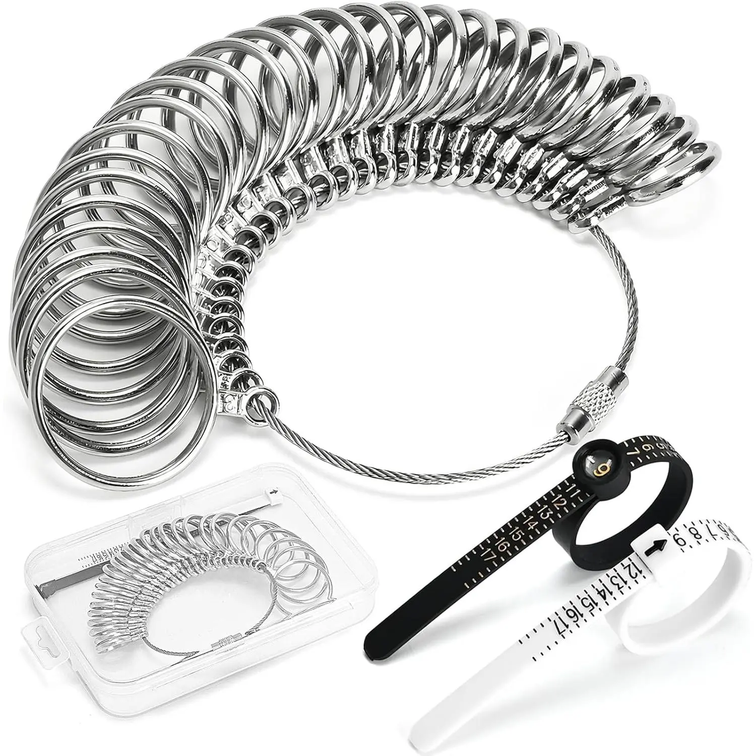 Ring Sizer Measuring Tool, 3 Types, 27 count Metal Ring Sizing Kit,  Sizes 0-13 with Half Size, 2 count Plastic Finger Measurer for Men/Women,  1-17 with Magnified Glass