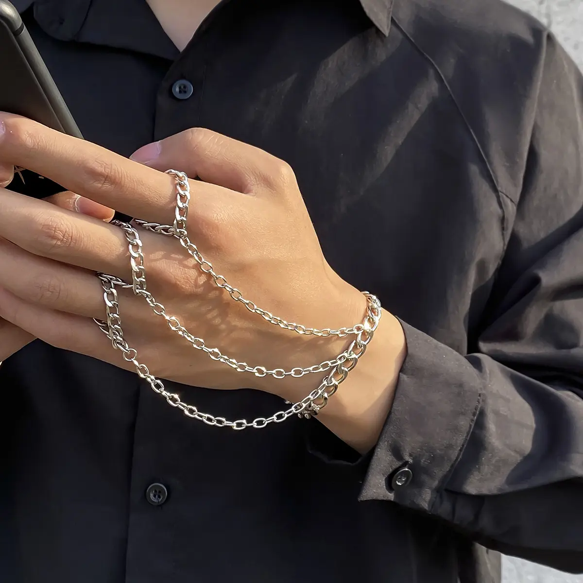 Silver Finger Ring Hand Chain Bracelet, Punk Layered Chain Ring Wrist Harness, Gothic Statement Body Jewelry for Women Men Party Cosplay Halloween Wear