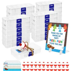 24 Pack Fishing Theme Birthday Party Favors - Mini Candy Tackle Boxes with Bobbers, Thank You Tags, Rope, Sign & Stands for Gone Fishing Decorations, Party Supplies & Reel Fun Gifts