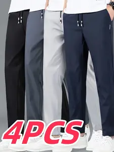 4-Pack Summer Men's Ice Silk Long Pants, Breathable Comfortable Casual Sports Pants, Polyester Fiber Lounge Wear for Daily Use