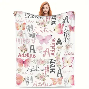Personalized Custom Name Soft Blanket, Pink Butterfly Pattern Soft Flannel Blanket, Cute Pink Room Decor Blanket, Multipurpose Soft Blanket for Sofa Bed Travel Camping Living Room Office, Warm Gift Blanket for Family and Friends