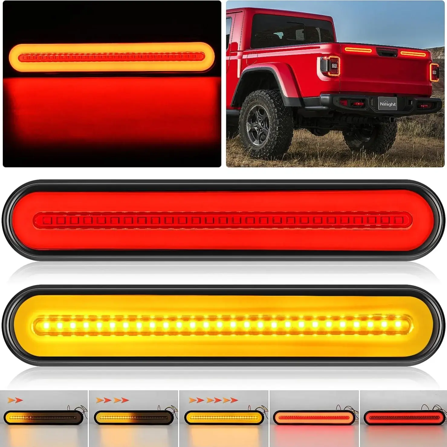 Nilight 9-in Sequential Triple-Row LED Tailgate Light Bar Pair, 100-LED Red Amber 3-in-1 for Running, Stop, Turn & Brake Signals, Led Tailgate Lights