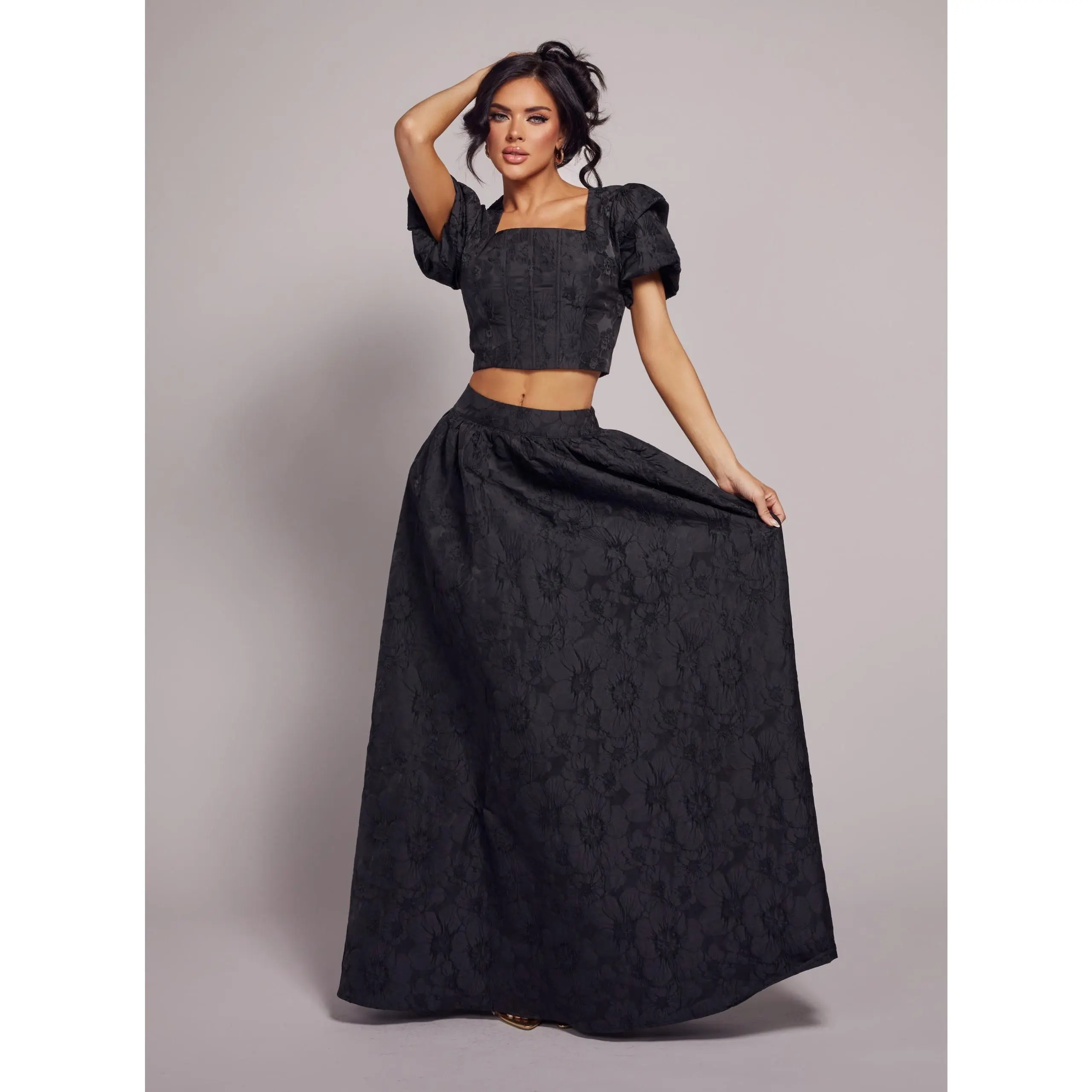 Romantic Floral Jacquard Skirt Set
