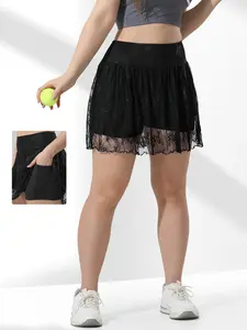 Women's Gold Black Athleisure Street Shorts - Lace Overlay, Hidden Pockets for Gym Workout, Parati Christmas Costume