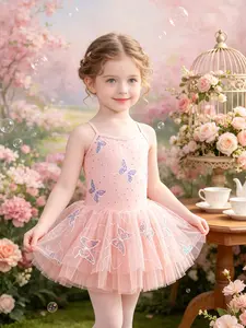 Girls Butterfly Sequin Ballet Tutu Dress Pink Sling Tulle Ballerina Costume for Kids Dance Class Birthday Party Photo Shoot