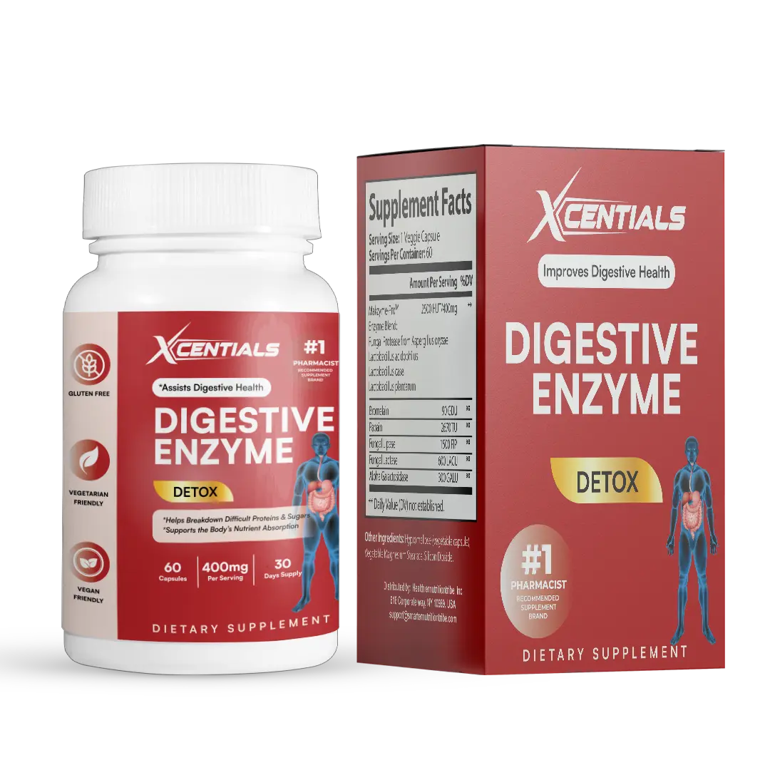 Xcentials Digestive Enzyme Supplement 400mg 60 Capsules Detox Formula for Enhanced Nutrient Absorption & Gut Health Support Natural Healthcare Fitness Dietary Edible Bathroom Vitamin