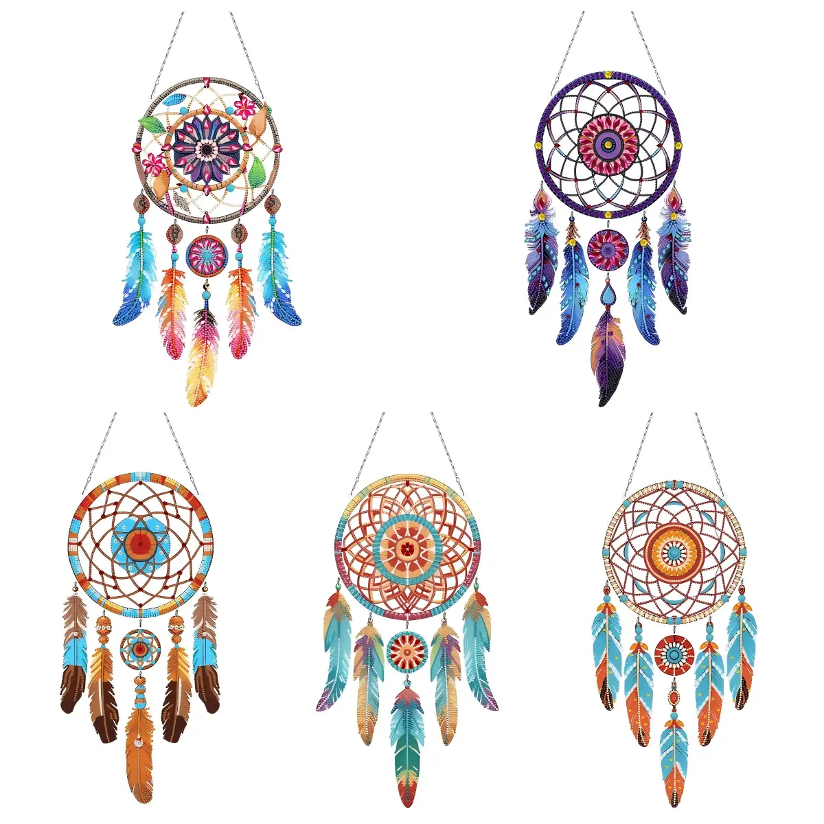 Retro Double-Sided Diamond Painting Dreamcatcher - Shiny Ethnic Hangable Decoration with Mandala Flowers, Gradient Feathers, DIY Special-Shaped Rhinestones, Home Door/Window Wall Hanging, Handmade Birthday Gift (Toys & Hobbies, DIY Needlework)