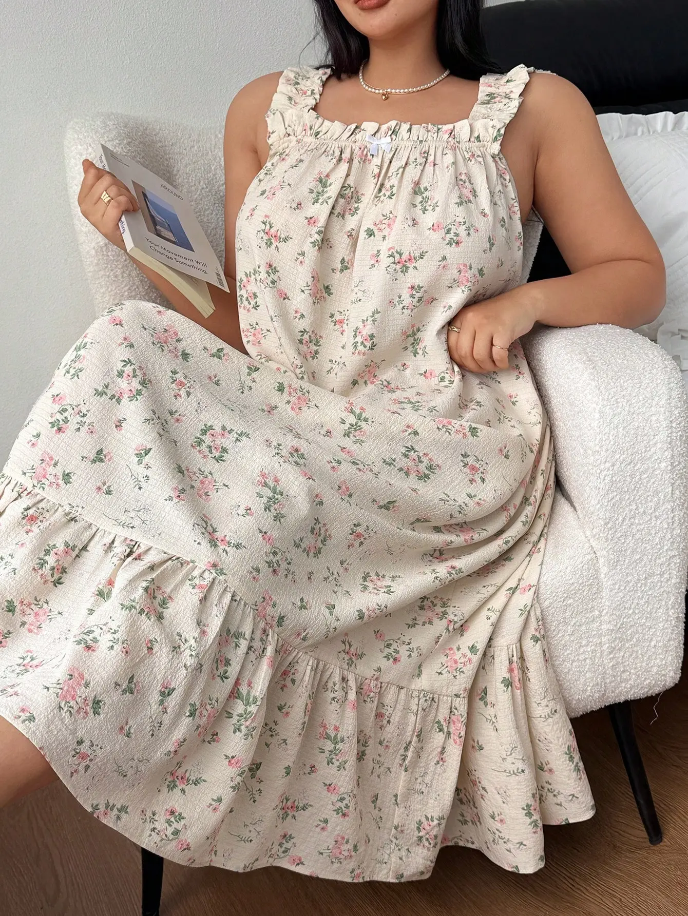Women’s Light Chic Casual Vintage Floral Pajama Nightgown - Breathable Fabric, Ruffle Strap, Loose-Fit Maxi Loungewear Dress with Bow Knot, Size XL-5XL