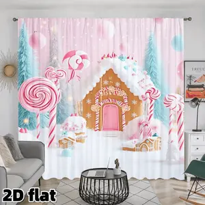 2D Flat 2Pcs Candy House Printed Curtains, Home decoration curtain, Pink Lollipop Pattern Winter Wonderland Theme Rod Pocket Design Semi Sunshade Fabric Suitable for home window decor Christmas Holiday Gift Window Treatment Privacy Protection
