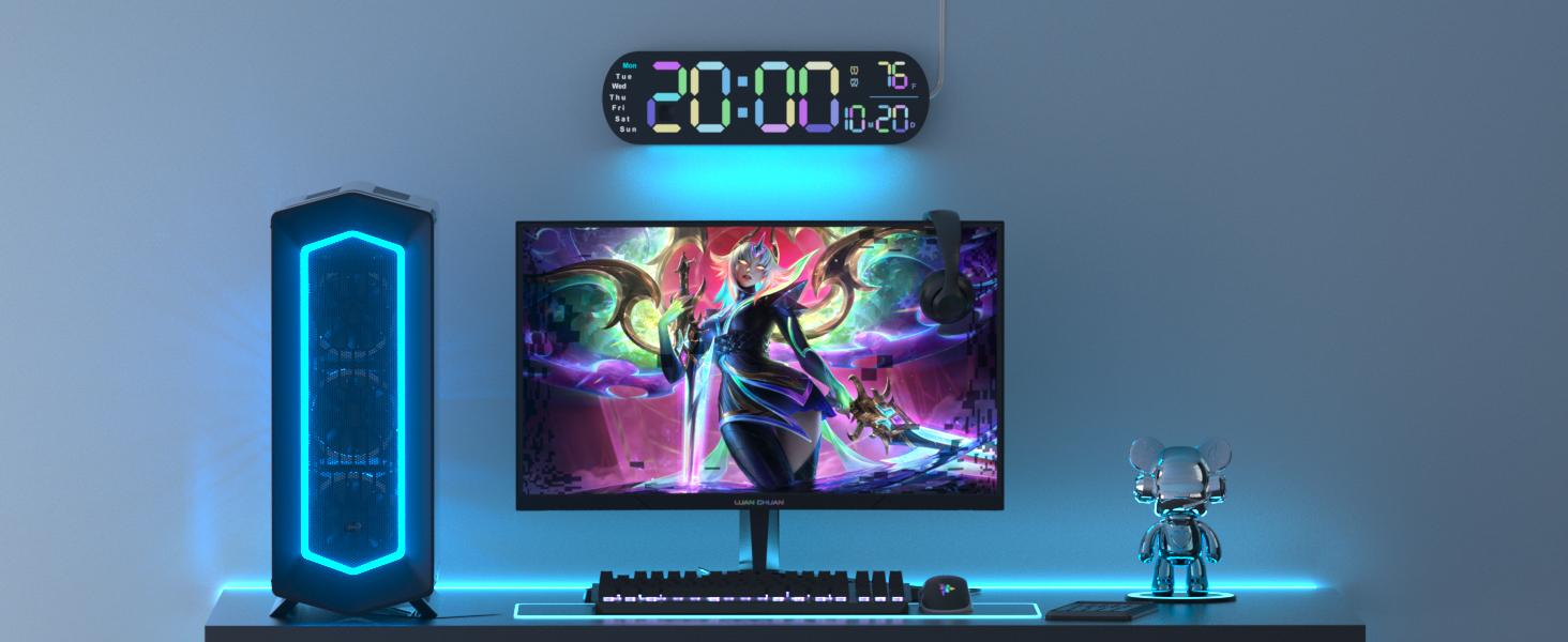 Sailstar Large Digital Wall Clock with Remote, 13.7“ Large Display LED Alarm Clock with Time Date Temp Week, Classroom Clock with Countdown Function, 12/24H, Adjustable Brightness for Living Room Decor Light Rgb