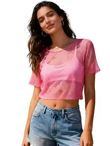 Women's Mesh Short Sleeve Top, Hollow Out Design, Stretchy Breathable, Casual or Sport Wear, Lightweight Fashion Top, Sexy Girls' Clothing