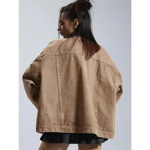 Women's Plain Button Front Drop Shoulder Denim Coat Long Sleeve Collared Pocket Outerwear Zip Closure Versatile For Daily Wear All-Season Womenswear Casual Fashionable Jacket Tops Fit Basic Brown Fitted Minimalist