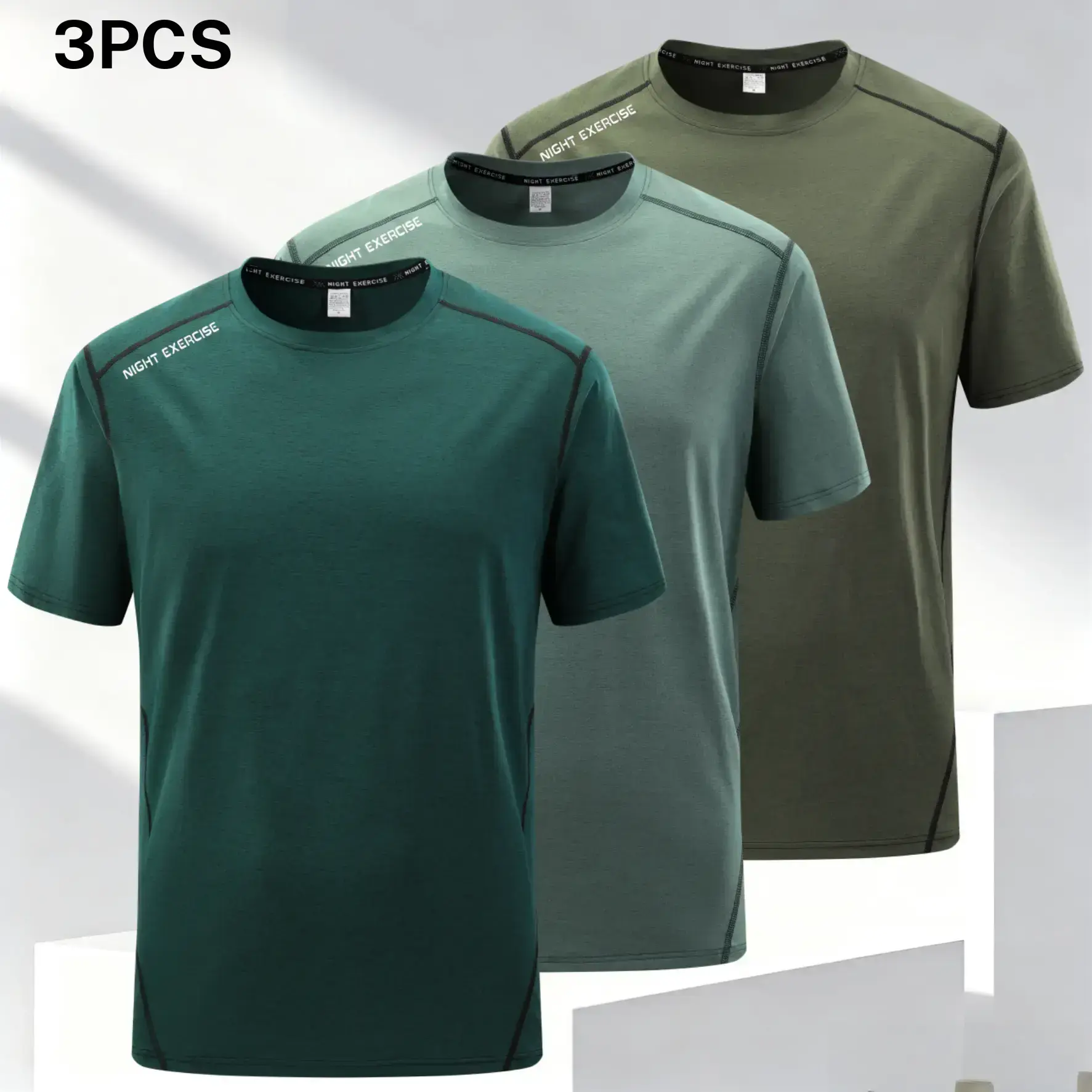 Three piece side trim quick dry men's sports short sleeve, featuring a casual sporty style, quick dry fabric that breathes and wicks away sweat, stylish side trim details, crew neck design that fits comfortably around the neck, and a well fitted cut that