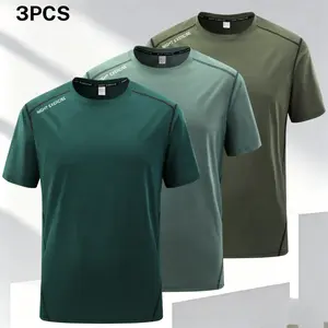 Three piece side trim quick dry men's sports short sleeve, featuring a casual sporty style, quick dry fabric that breathes and wicks away sweat, stylish side trim details, crew neck design that fits comfortably around the neck, and a well fitted cut that