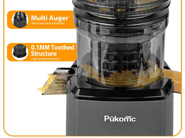 Pukomc 5.8" Wide Chute Cold Press Juicer with Auto Cut Mechanism High Yield Extraction Easy Lock System & 2 Cups for Fresh Whole Fruit Juices Stainless Steel Blender Usb Portable Blender