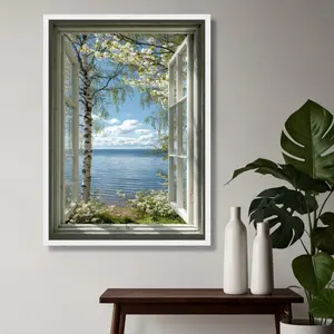 Tranquil Lake View Window Wall Art, Spring Blossom Landscape Poster, Scenic Nature Home Decor