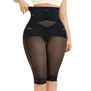 Women’s high-waisted shapewear shorts with sheer contrast lace mesh, breathable tummy control compression slim fit, highly stretchy shaper for daily wear—Christmas