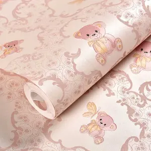 Self-Adhesive Cartoon Bear Wallpaper Roll, Easy Peel & Stick Non-Woven Fabric, Thick Cuttable Cute Wall Sticker for Home Decor