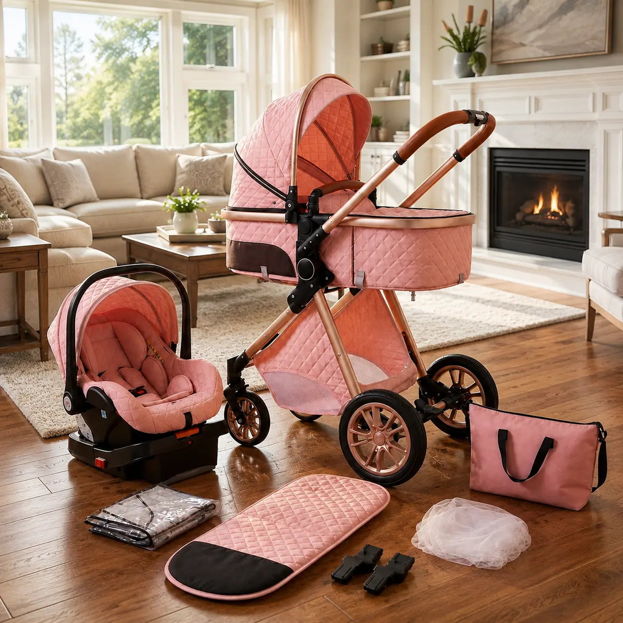Infant Baby Stroller Travel System 3 in 1, Newborn Pram with Car Seat, Lightweight Foldable Stroller, Reversible Push Seat, Adjustable Canopy, Smooth Shock Absorbing Wheels outdoor 1-click fold pink humbrella pock it carry on