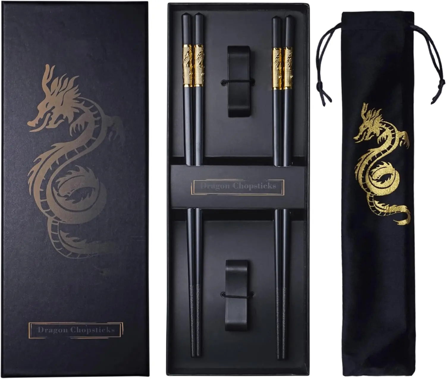 9.6-inch (24.5cm) 2-Pair Golden Dragon Fiber Glass Alloy Metal Chopsticks Set, Traditional Chinese Design Noodle Cutlery with Holder, Bag, Elegant Box, Dishwasher Safe Tableware for Weddings, Anniversaries