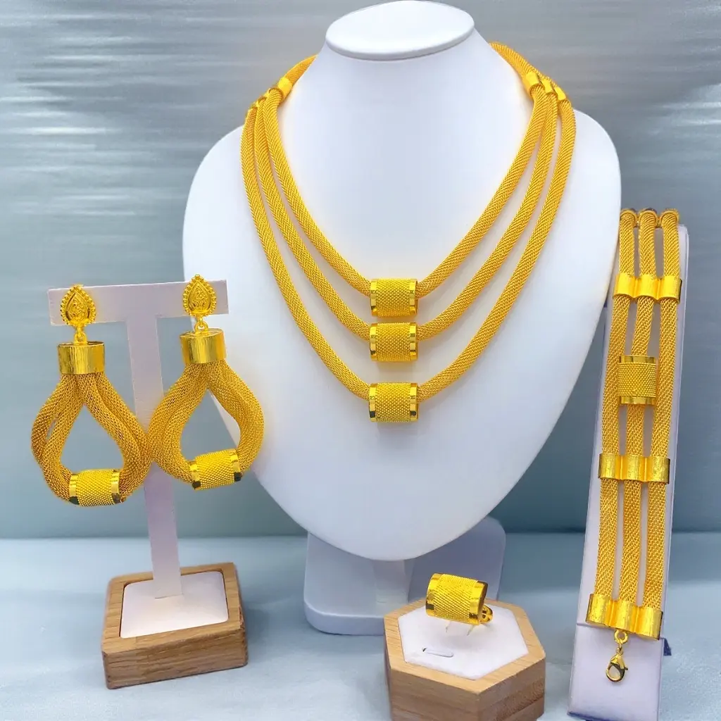 Women's Trendy 4-Piece Gold Plated Matching Jewelry Set - Bracelet, Wedding Earrings, Ring, Charm Chain Necklace - Elegant Dubai Fashion Costume Jewelry Gift for Brides, Trendy Jewelry Set