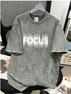 Men's 260g Heavyweight 100% Natural Fluffy Cotton Fabric T-Shirt - Snow Wash Gradient Stacked FOCUS DTG Print, Breathable Oversized Acid Washed Minimalist Letter Graphic Aesthetic Fashion Casual Streetwear Top