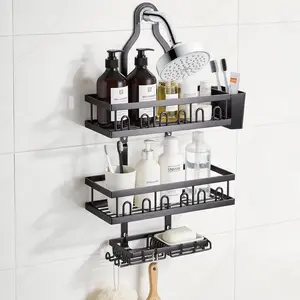 Black 3-Tier Hanging Shower Caddy, Rustproof Metal Bathroom Organizer with No-Drill Hooks, Soap Dish, Toothbrush Holder, Over-Shower-Head Storage Shelf corner