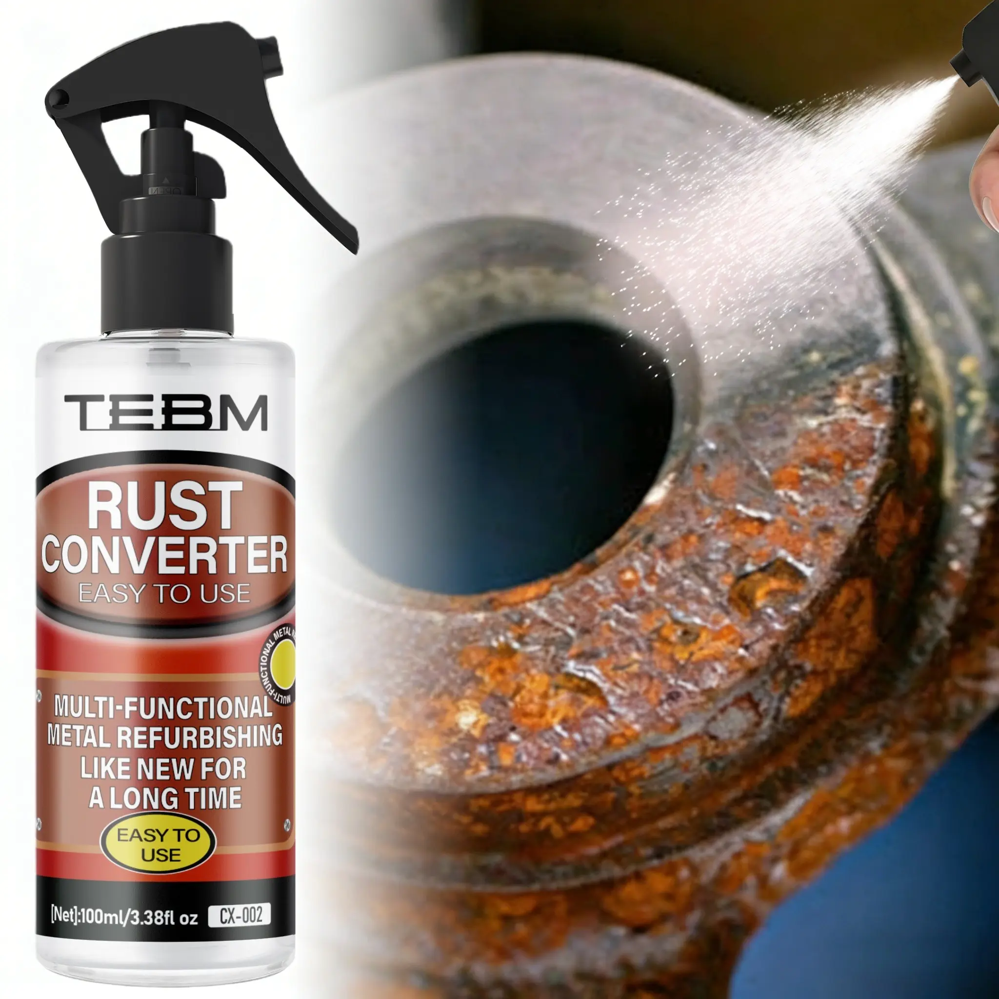 Powerful Metal Rust Remover Spray, Ideal for Chrome, Iron, Alloy, Steel Surfaces, Easy to Use, No Residue, Safe for Plastic and Rubber, It Is an Ideal Choice for Rust Removal in Cars and Homes, Rust Converter