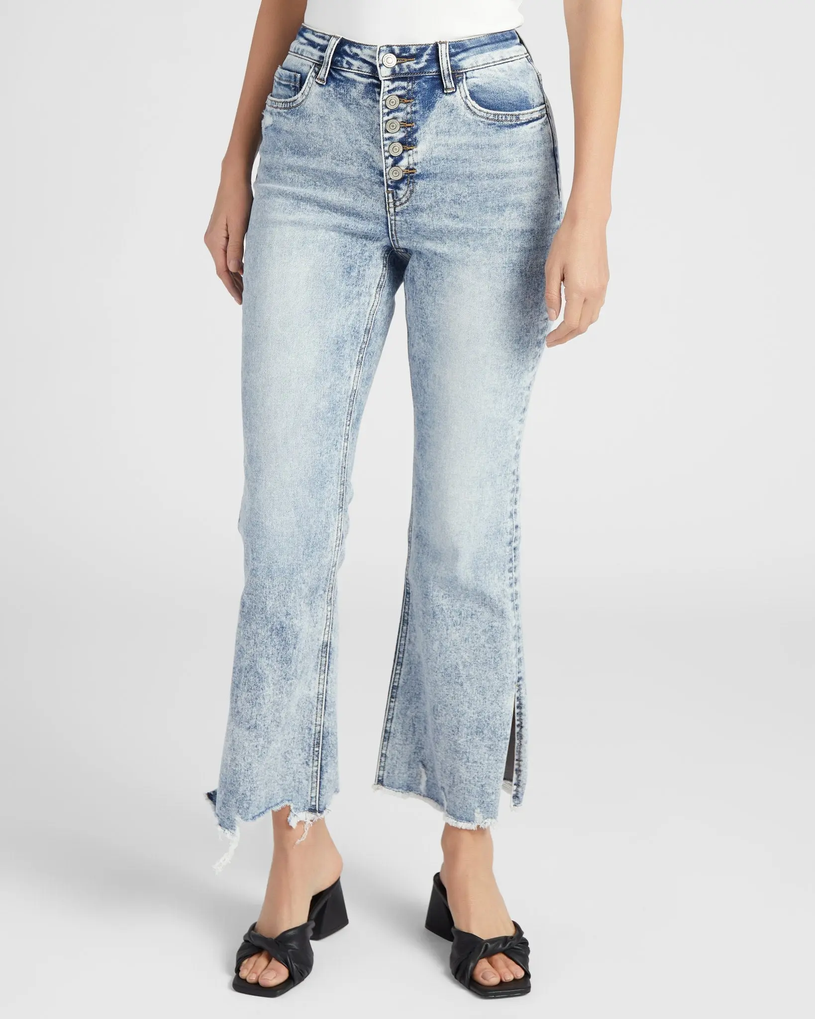 Women's Comfy Denim High-Rise Cropped Flare Pants with Side Slit and Button Closure, Bottom, Flattering Jeans, Coastal Cowgirl, Cropped Jeans, Stretchy Jeans