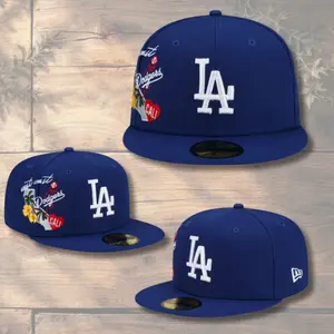 Los Angeles Dodgers New Era 59FIFTY Fitted Baseball Cap – Royal Blue Flat Brim Hat with White LA Logo & California Floral Side Embroidery, MLB Streetwear