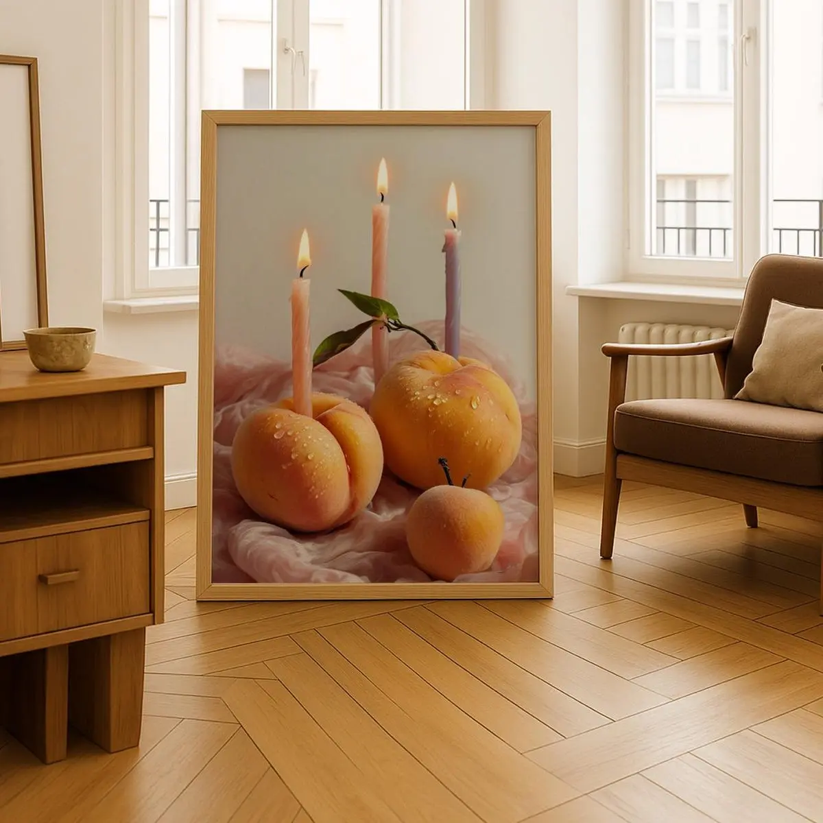 Peach Lit Poster – Whimsical Fruit Candle Wall Art, Playful Kitchen Decor, Funky Colorful Home Aesthetic, Surreal Peach Print, Unframe