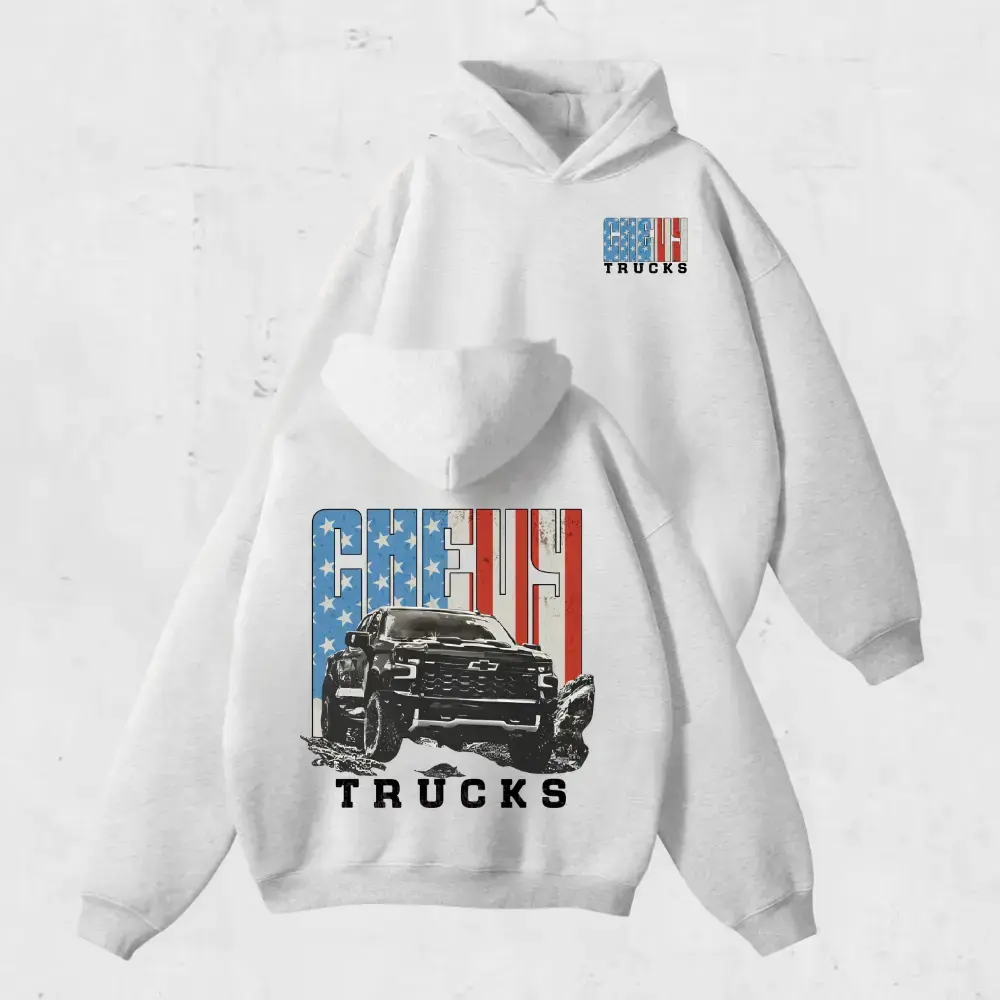 Chevrolet Trucks Hoodie, Featuring Chevy Logo And American Flag With Rugged Truck Design On Back, Ideal Gift For Car And Truck Enthusiasts For Women and For Her, Casual 100% Cotton Top Womenswear, Car Hoodie