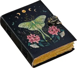 Blank Spell Book of Shadows Journal with Lock Clasp Vintage Handmade Leather Luna Moths and Morpho Butterfly Print Diary Prayer Pagan Witchcraft Supplies Wiccan Decor Notebook Daily (7x5 inch)