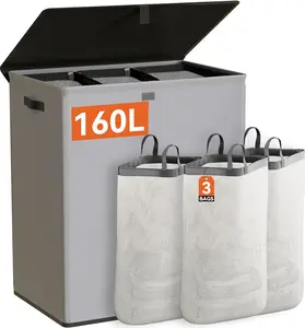 Laundry Hamper with Lid,160L Large Laundry Basket 3 Section with Removable Bags,Collapsible Waterproof Dirty Clothes Hamper for Laundry Room Dorm,Grey