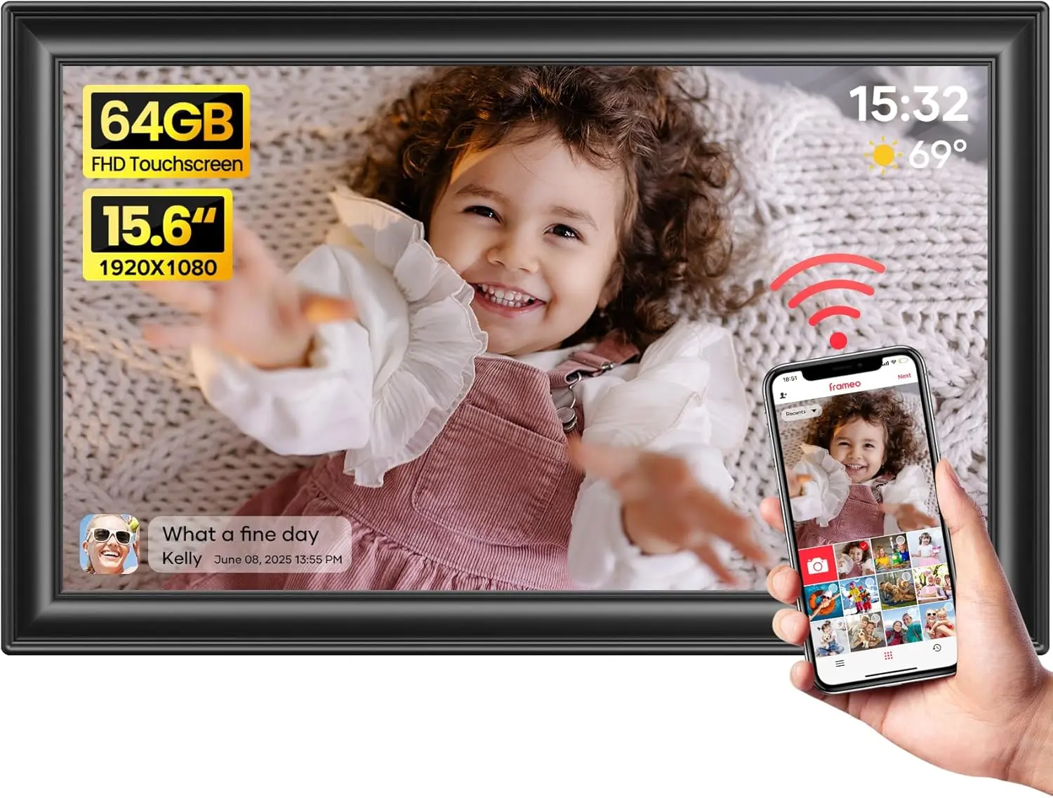 15.6" WiFi Digital Picture Frame - 64GB, 1920x1080 IPS FHD Touch Screen Electronic Frame, Phone Photo Sharing, Ideal Gift for Parents