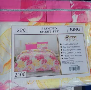 HEJEME 6-Piece King Floral Printed Sheet Set, Deep Pocket Soft Bedding Set with 4 Pillowcases - Pink & Gold Flower Design